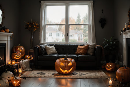 Halloween party in living room - decorations with lanterns and pumpkins , jack-o-lantern, modern classic style, Halloween 2018,の素材