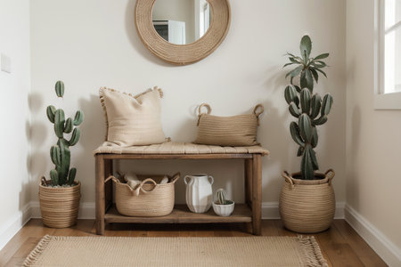 Stylish composition of living room interior with copy space, bench in retro style, clay vases and crockery. Rustic inspiration. Summer vibes. Beige wall. Template.の素材