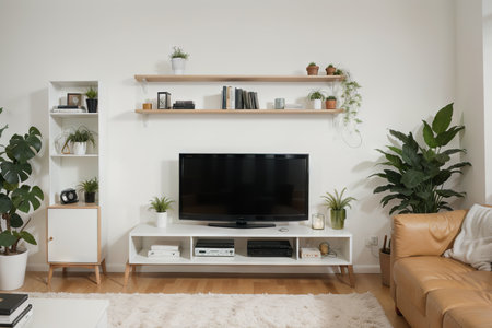 TV on the cabinet in modern living room with plant on white wall background,の素材