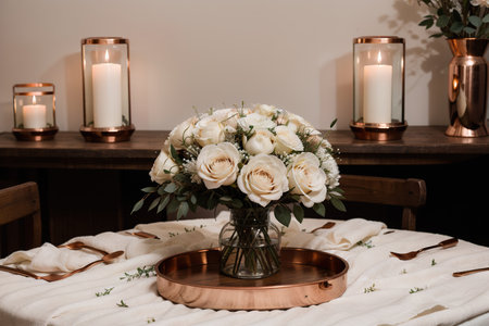Bouquet of white flowers in a vase, candles on vintage copper tray, wedding home decor on a tableの素材
