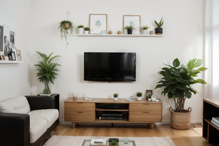 TV on the cabinet in modern living room with plant on white wall background,の素材