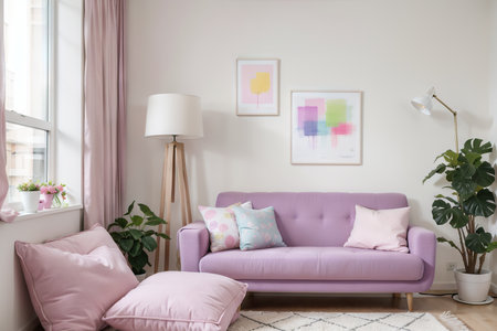 Poster mockup with horizontal frame on empty wall in living room interior with pink sofa and multi-colored pastel pillows. .の素材