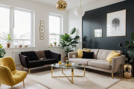 Stylish interior of living room with design furniture, gold pouf, plant, poster frames, carpet, accessoreis and beautiful dog lying on the sofa in cozy home decor. Template.の素材