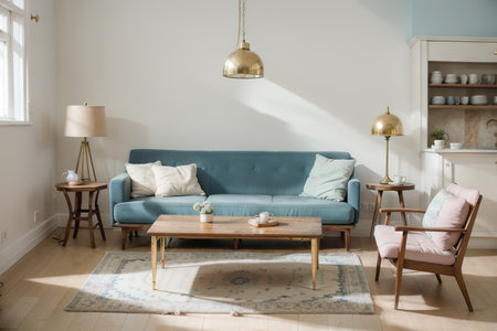 interior room chic style ,blue pastel sofa with gold lamp on white wall and wood floor,soft light,の素材