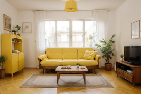 living room of old apartment, yellow divan and wooden floorの素材