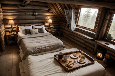 Rustic interior of log cabin bedroom. Cozy bed by big window. Breakfast on a tray in hotel.の素材