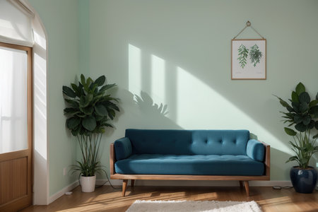 blue wall empty room with green plant in vase by Sedat SEVENの素材
