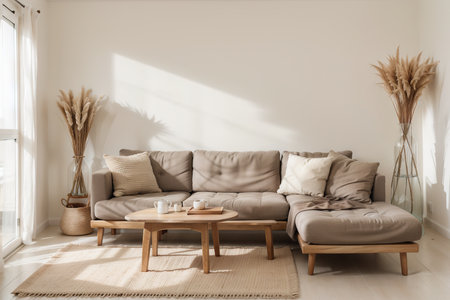 Interior wall mockup in warm neutrals with low sofa, beige pillow and dried Pampas grass on caned table in japandi style living room with empty white wall background. , .の素材