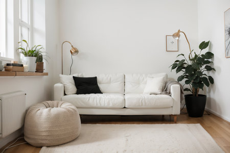 Cozy sofa and guitar in interior of roomの素材
