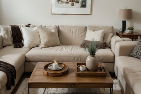 Elegant living room interior design with beige modern sofa, coffee table and creative accessories. Template. Copy space. Dining room in the background.の素材