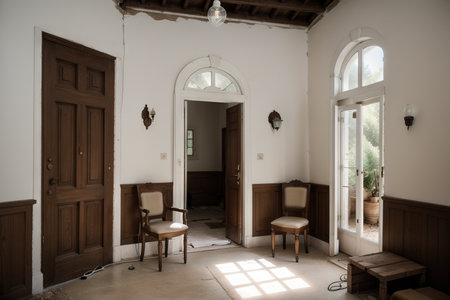 Front view entrance with light bulb on. Interior of empty old villa to be refurbished. Nobody insideの素材