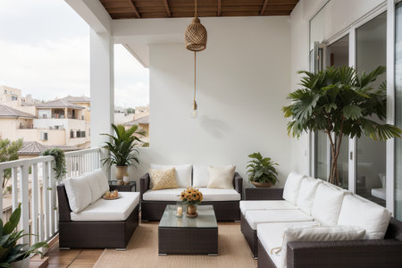 Elegant decorated balcony with rattan outdoor furniture, bright pillows and plantsの素材