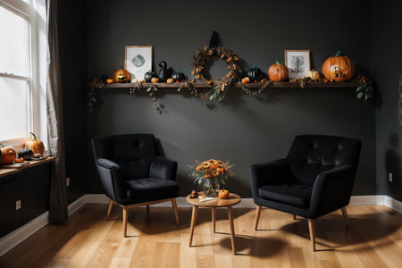 Autumn interior composition with a black chair near the wall and pumpkinsの素材