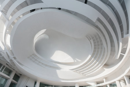 Abstract Futuristic Architecture Circular Concentric Background. Wave Outdoor Structures. Minimal Futuristic Technology Design as Geometric Urban Texture Wallpaper. Close-up Patternの素材