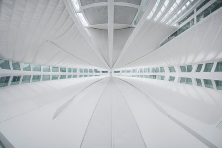 Abstract Futuristic Architecture Circular Concentric Background. Wave Outdoor Structures. Minimal Futuristic Technology Design as Geometric Urban Texture Wallpaper. Close-up Patternの素材