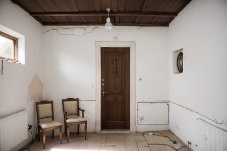 Front view entrance with light bulb on. Interior of empty old villa to be refurbished. Nobody insideの素材