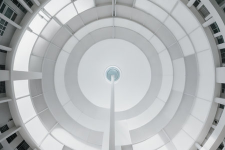 Abstract Futuristic Architecture Circular Concentric Background. Wave Outdoor Structures. Minimal Futuristic Technology Design as Geometric Urban Texture Wallpaper. Close-up Patternの素材