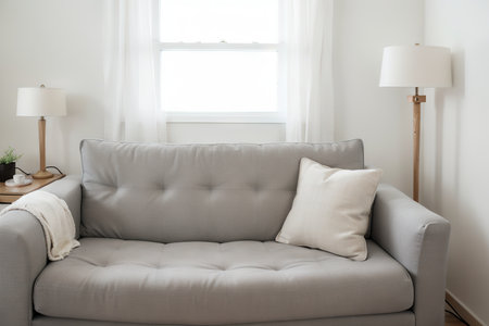 Comfortable sofa with lamp and book against window in the roomの素材