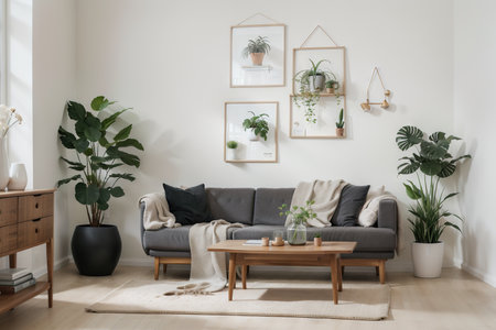 the wall of living room, Interior with houseplant, vases and beautiful furniture, ingの素材
