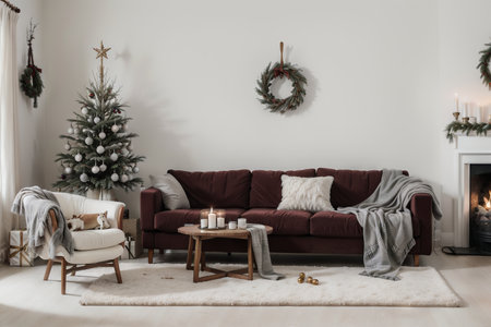 Winter livingroom interior with velvet sofa, pillows and plaid on white wall background. .の素材