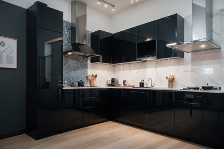 Luxury kitchen corner design with dark blue wall.の素材