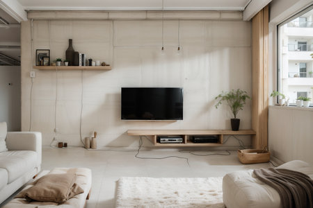 Cabinet for tv in living room interior wall mockup on concrete wall,の素材