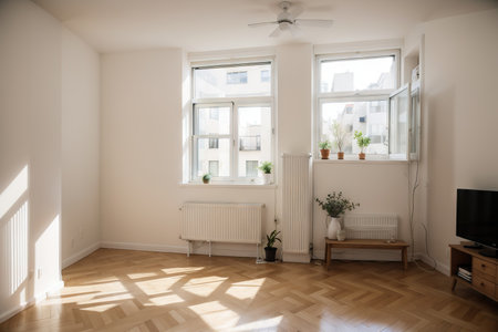 Bright, sunny apartment with a balcony in the summer in the old building by day ()の素材