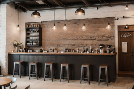 Coffee shop bar counter with wine bottles. Modern design. Vintage atmosphere.の素材