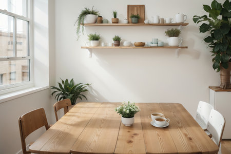 Empty textured wooden table and kitchen window shelves blurred backgroundの素材