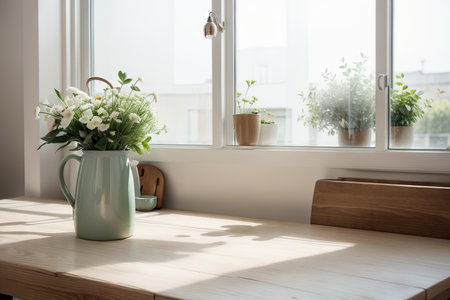 Empty textured wooden table and kitchen window shelves blurred backgroundの素材