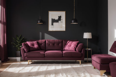 Luxury livingroom in dark color. Black walls, lounge furniture - viva magenta 2023 color couch and pillows. Empty painted for art, decor. Rich interior design. Mockup lounge or reception.の素材