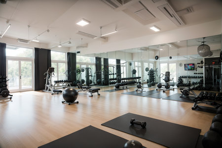 Modern gym interior with sport and fitness equipment, fitness center inteior,の素材