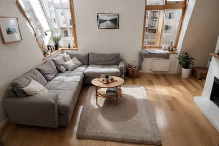 Cozy Living Room with Modern Interior, Grey Sofa and Wooden Flooring Lit By Warm Light out of the Window. Top View Camera Shot.の素材