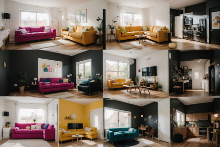 Set of colorful vector interior design house rooms with furniture icons: living room, bedroom, kitchen and home office. Flat style vector .の素材