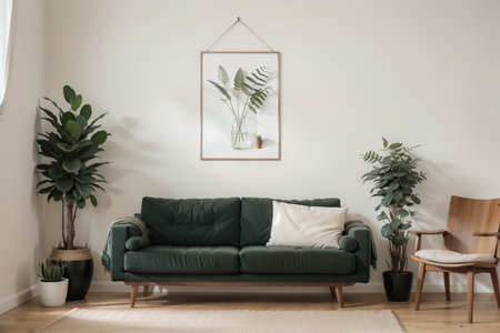 Stylish living room interior design with poster frame, wooden armchair, plants and creative home accessories. Eucalyptus wall. Home staging. Template. Copy space.の素材