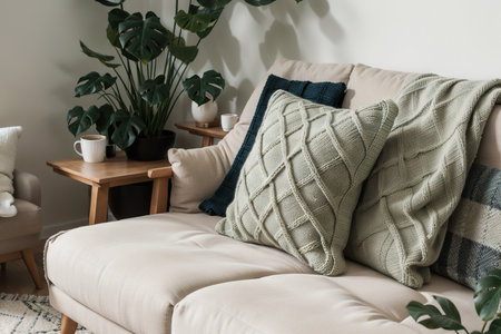 Home interior Cozy Living room Sofa Cushion Coffee mug Knitted plaid Monstera plant Room decor Scandinavian style Copy spaceの素材