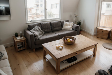 Cozy Living Room with Modern Interior, Grey Sofa and Wooden Flooring Lit By Warm Light out of the Window. Top View Camera Shot.の素材