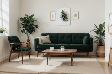 Elegant living room interior design with mockup poster frame, modern frotte armchair, wooden commode and stylish accessories. Eucalyptus wall. Template. Copy space.の素材