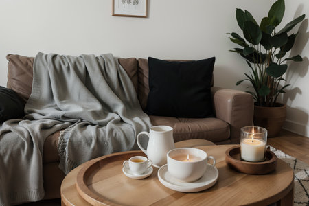 Still life details in home interior of living room. A cup of tea with candles on a serving tray. Rest and Reading. Cozy home.の素材