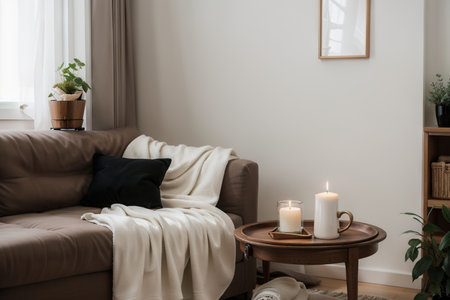 Still life details in home interior of living room. A cup of tea with candles on a serving tray. Rest and Reading. Cozy home.の素材
