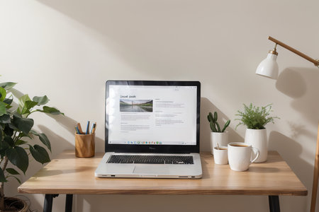 Laptop with blank screen mock-up, interior still life concept. Elegant and trendy working space on wooden table. Feminine working space, home office. Living room interior design with workplace.の素材