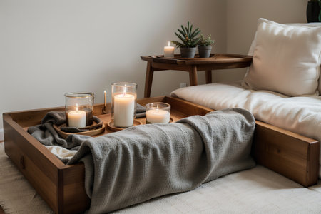 Still life details in home interior of living room. A cup of tea with candles on a serving tray. Rest and Reading. Cozy home.の素材