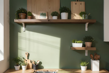 Green wall panelling with wooden shelf in kitchen room.の素材