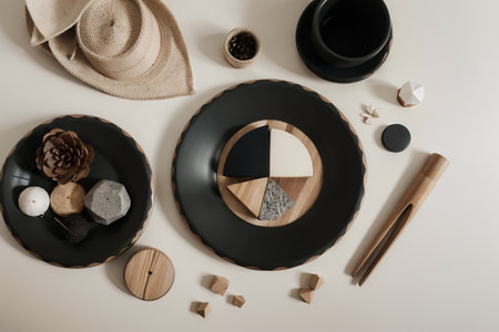 Flat lay composition of creative black architect moodboard with samples of building, textile and natural materials and personal accessories. Top view, black backgroung, template.の素材