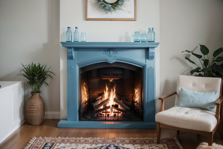 Fireplace with beautiful blue decorations in roomの素材