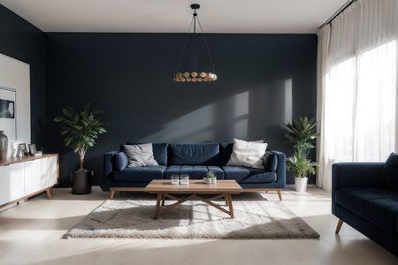 Modern home interior mock-up with dark blue sofa, table and decor in living room,の素材