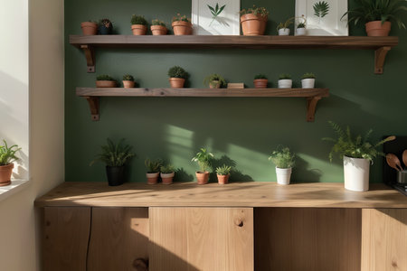 Green wall panelling with wooden shelf in kitchen room.の素材