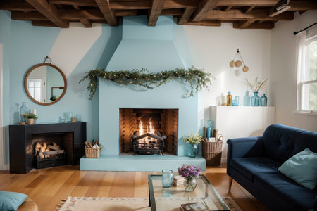 Fireplace with beautiful blue decorations in roomの素材