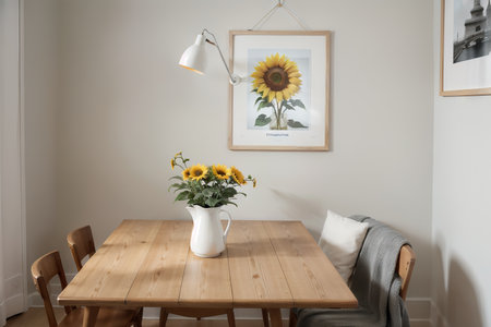 Stylish scandinavian dining room interior with poster frame, wooden table, furniture, tea pot , decoration and elegant accessories in modern home decor.の素材