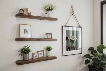 brick wall drift wood shelves and frame concept decorの素材